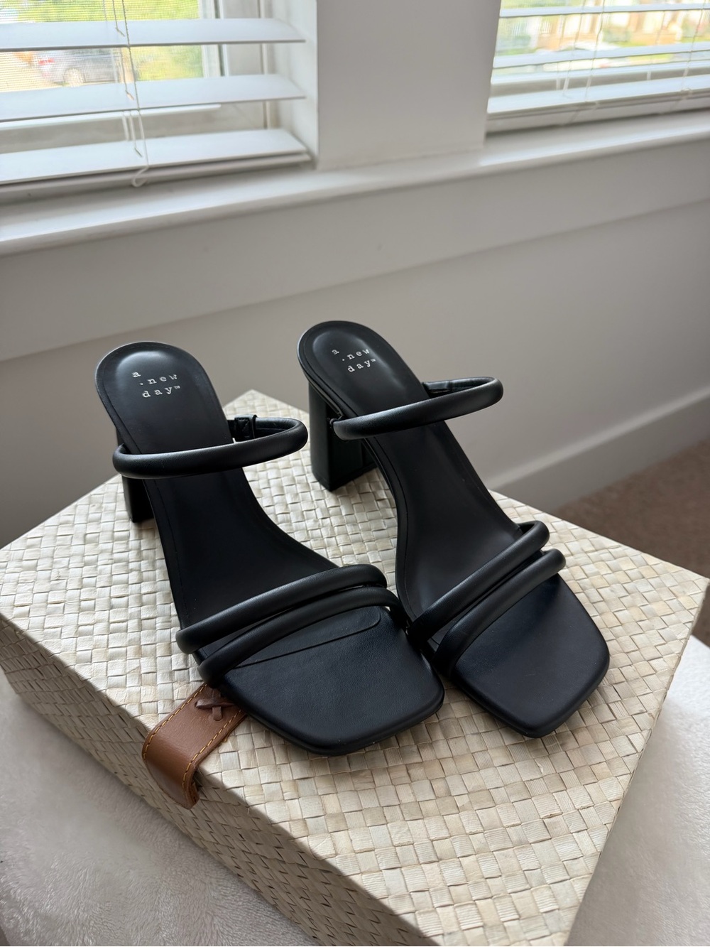 a new day Black Double-Strap Square Toe Block Heels